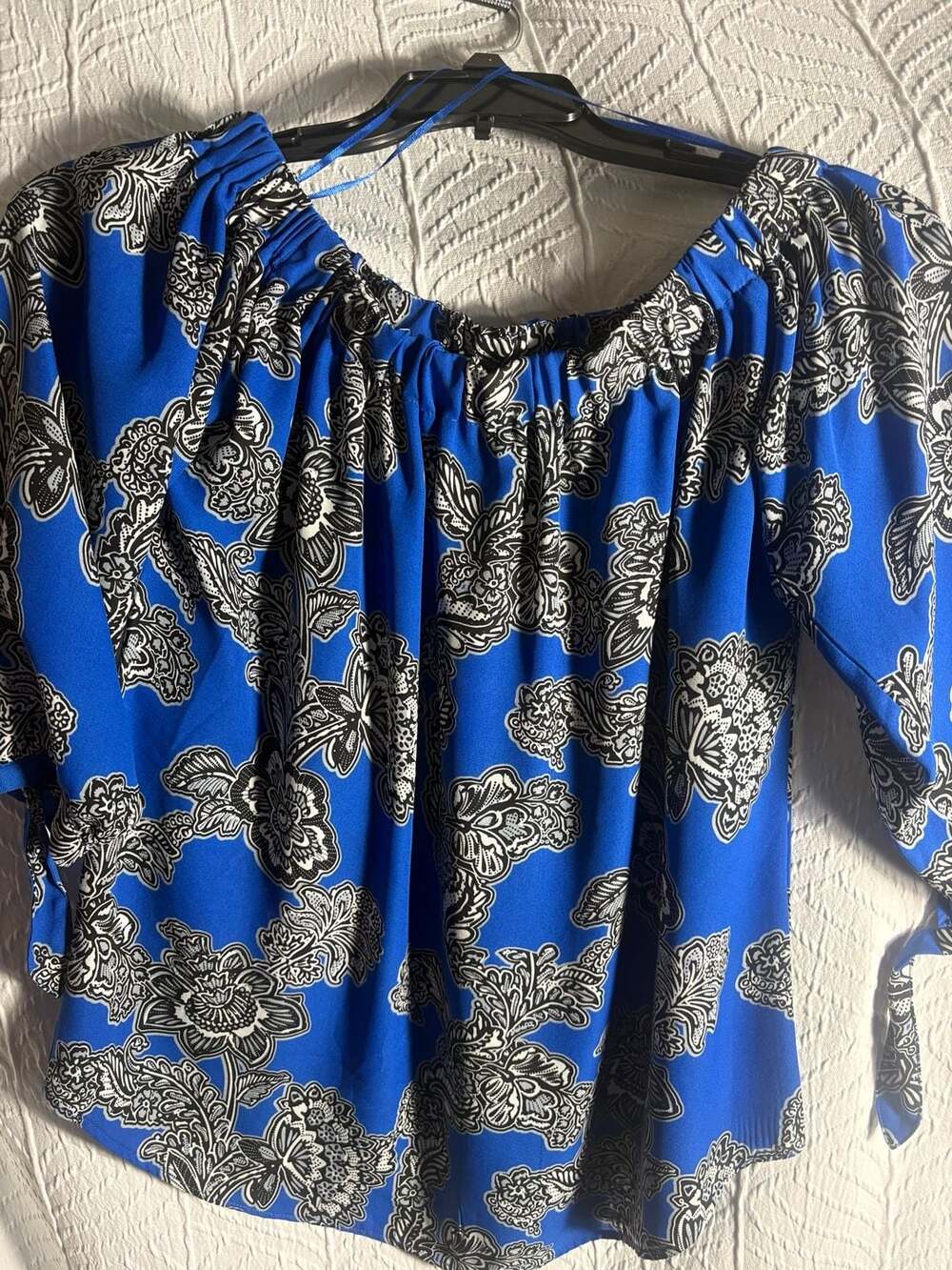harvé benard Blue and Black Floral Print Off-the-Shoulder Blouse